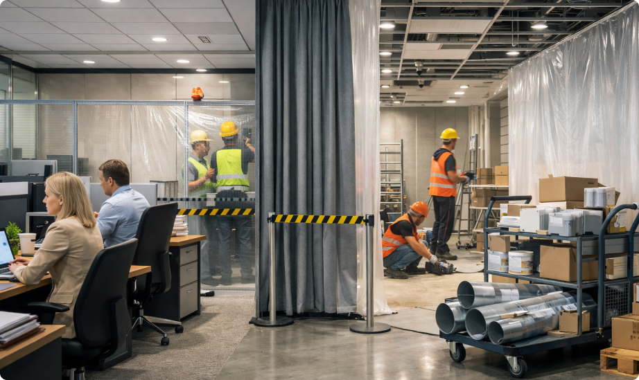 Как ремонтируют поэтапно без остановки работы: зонирование, шумовые окна, логистика